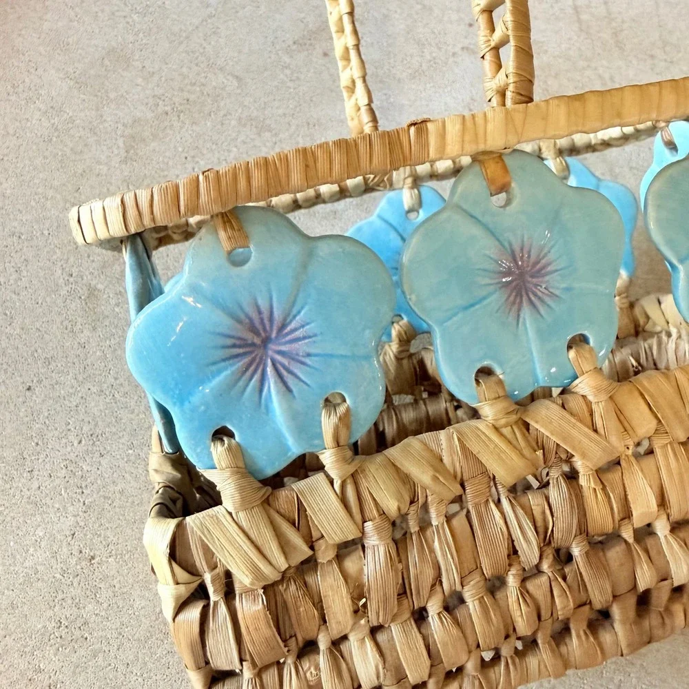 Vintage Woven Straw Basket Ceramic Blue Morning Glory Flowers Bohemain Caddy